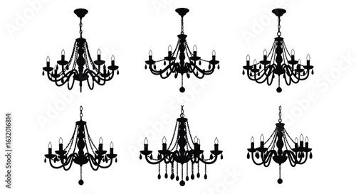 Elegant Chandelier Collection in Black Silhouette Style on White Background silhouette. vector design. Silhouette vector design illustration
