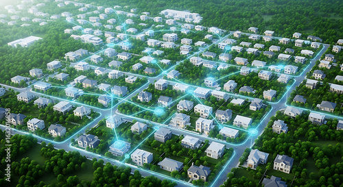 Futuristic planned community showing interconnectedness through an advanced network system