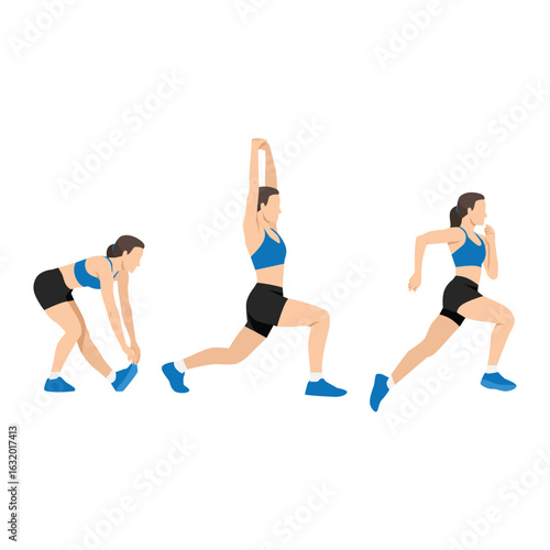 Runner Warm Up Stretching Routine. Dynamic stretches and a sprint start. Flat vector illustration isolated on white background
