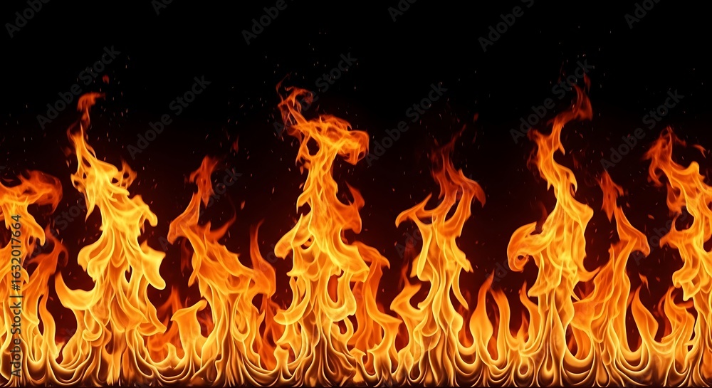 Fototapeta premium Fiery flames against a dark backdrop.