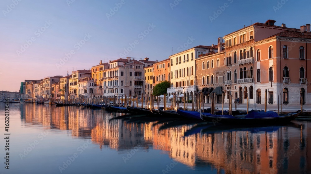 Naklejka premium Venice cityscape during golden hour, pastel-colored buildings reflecting in the water, gondolas moored at wooden piers
