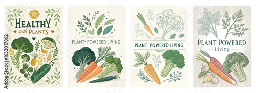 Set of four posters featuring vintage plant-powered living illustrations