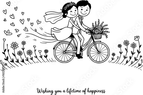 Wedding Cycling with Love: A cheerful couple cycles into their new chapter on a bicycle, surrounded by floral beauty and heartfelt wishes for lifelong happiness.