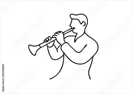 Artistic single stroke depiction of a musician playing a clarinet presented as a continuous flowing line drawing isolated on white background
