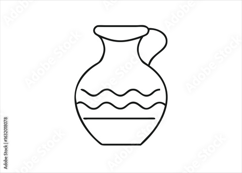 A hand drawn line art depiction of a classic clay jug filled with clear water presented as a singular graphic element isolated on white background