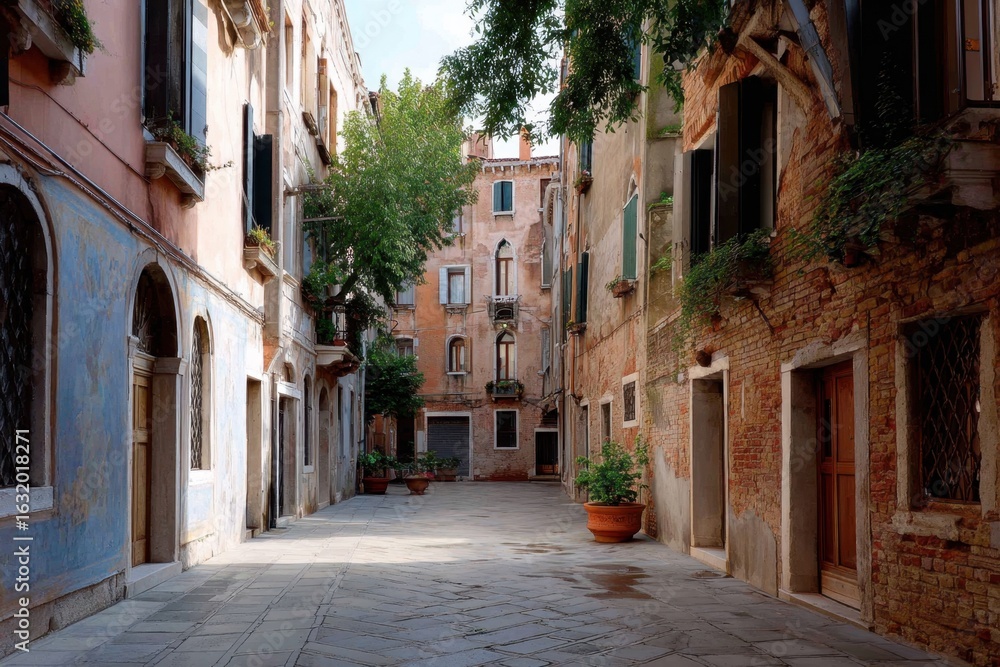 Obraz premium Venice street with cobblestones and faded frescoes, sense of old-world history