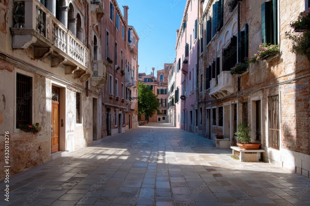 Fototapeta premium Venice street with cobblestones and faded frescoes, sense of old-world history