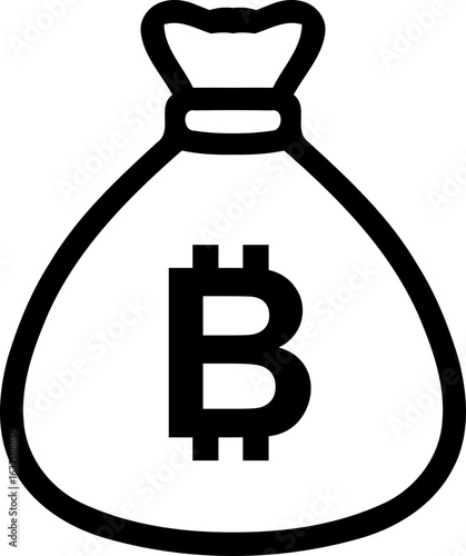 Bitcoin money bag icon. Simple black outline symbol for cryptocurrency, blockchain, and digital finance. Vector