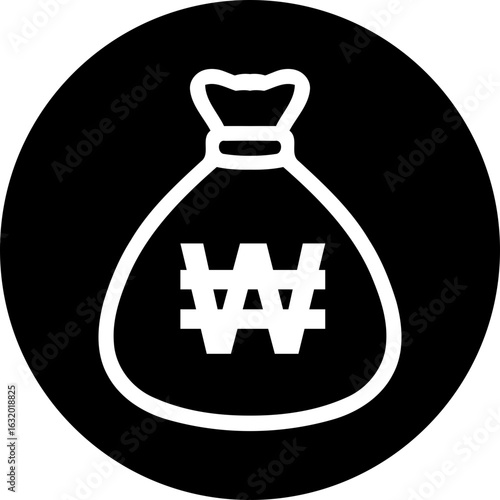 Korean Won money bag icon. White/Transparent glyph in a black circle. Finance and currency exchange symbol for web or app button.