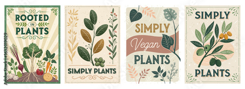 Set of four posters featuring vintage botanical illustrations promoting veganism