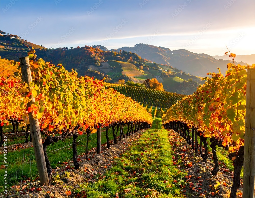 Naklejka premium Autumn vineyard landscape at sunrise