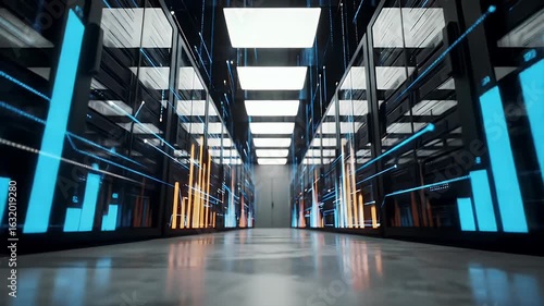 Data Center Corridor with Blue and Orange Glowing Lines Server Racks Data Storage and Processing on Grey Floor