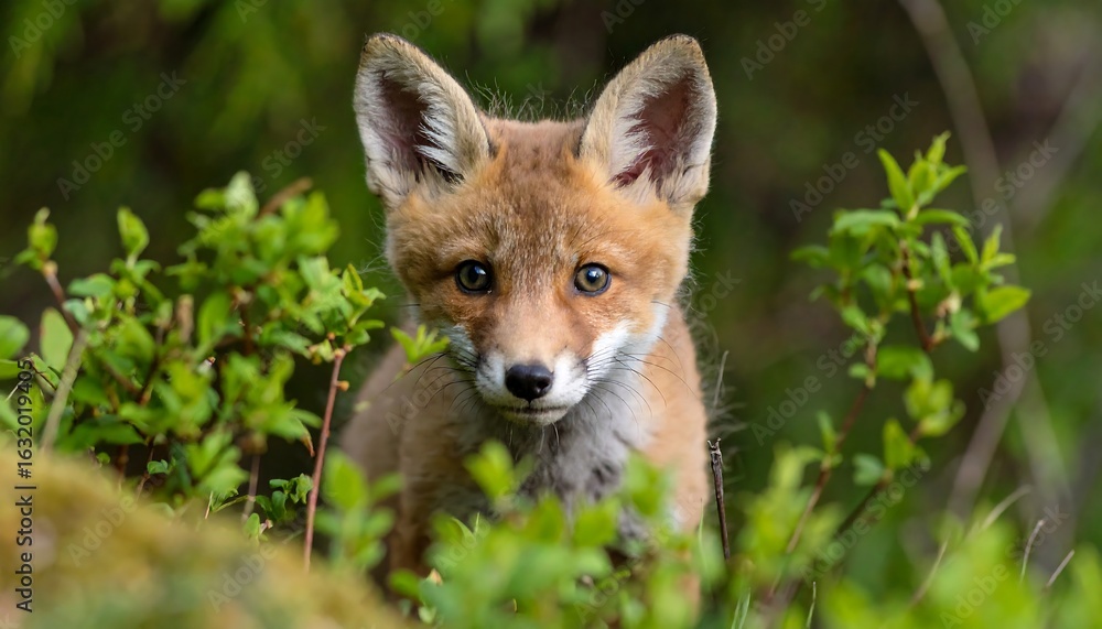Fototapeta premium Curious fox kit peers from lush green foliage, its eyes wide with youthful wonder