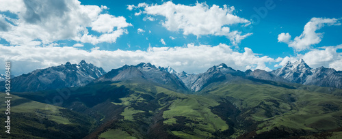 Принти на полотні Aerial view of beautiful high altitude snow capped mountains and forest grasslan