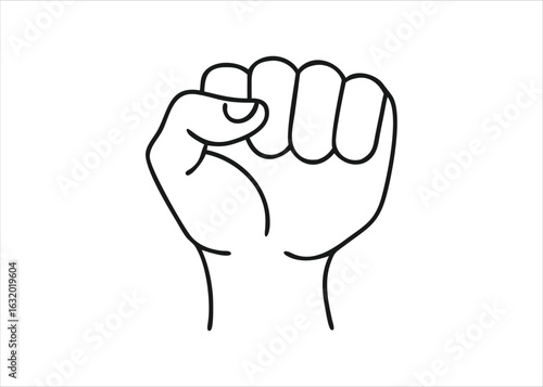 Artistic continuous line drawing of a powerful clenched fist hand rendered with a single unbroken stroke isolated on white background