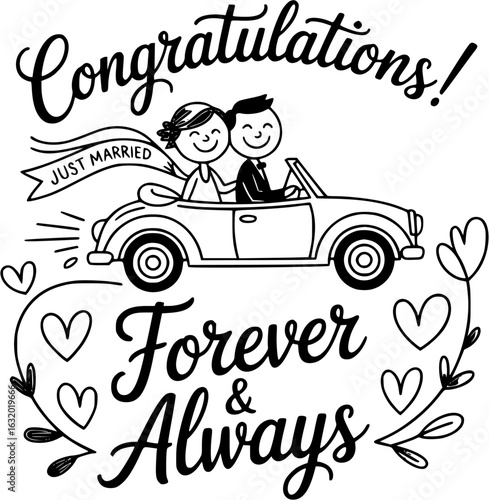 Wedding Day Wishes: A delightful illustration capturing the essence of a wedding, showcasing a newly married couple in a car, celebrating their journey into forever. 