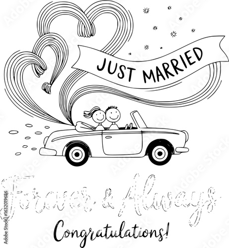 Wedding Car with Hearts and Banner: An illustration of a wedding car with a newlywed couple inside, accompanied by heart-shaped swirls and a Just Married banner.