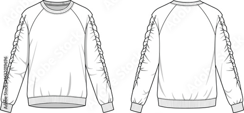 Women's ruched sleeve sweatshirt fashion flat sketch with ribbed hem and cuffs, casual crewneck pullover technical drawing template