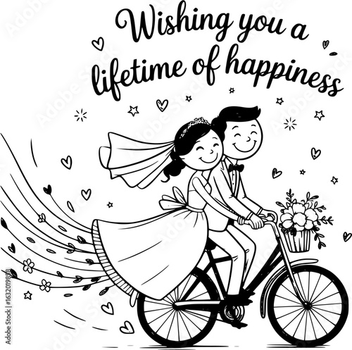 Joyful Journey: An illustration captures a newlywed couple's joyous ride into the future on a bicycle, the bride radiating happiness and hope, surrounded by hearts.