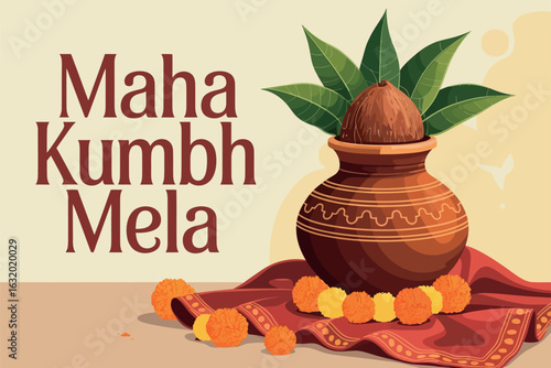 Maha Kumbh Mela Pot with Leaves and Marigold Flowers Illustration