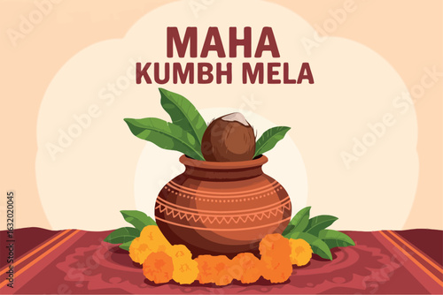 Maha Kumbh Mela Pot with Leaves and Marigold Flowers Illustration