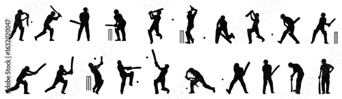 cricket batsman, cricket player silhouette set isolated