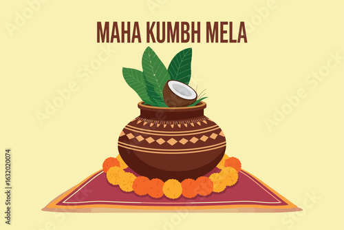 Maha Kumbh Mela Pot with Leaves and Marigold Flowers Illustration