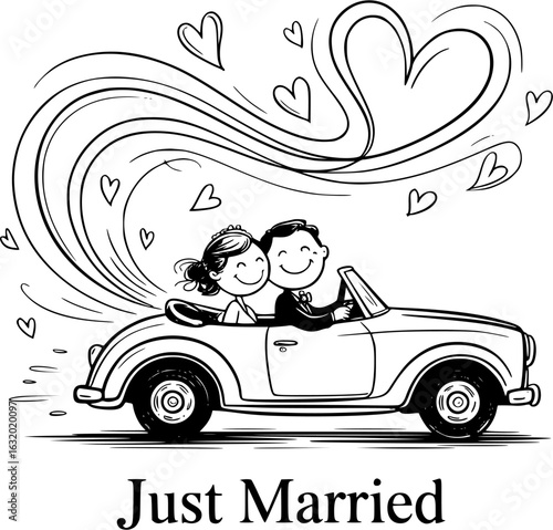 Newlyweds Joyride: A joyous couple, hand in hand, embarks on a sweet journey in a charming vintage car, with hearts trailing in their wake, celebrating their new beginning.