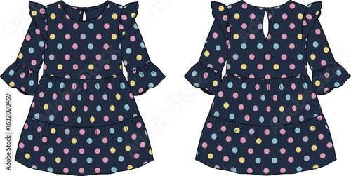 Navy blue polka dot girl dress, long sleeve with frill detail, cute kids fashion, tiered ruffle design, vector sketch