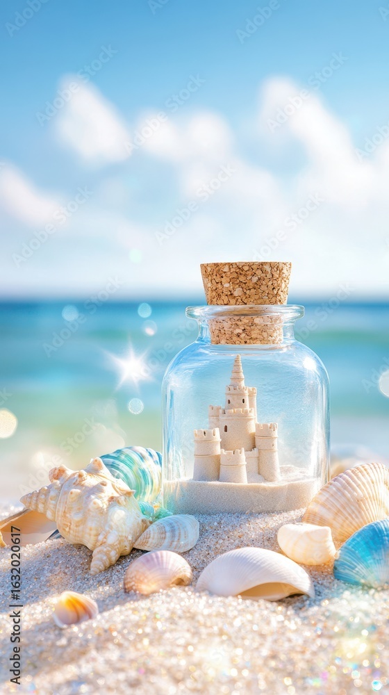 Obraz premium A whimsical sandcastle in a bottle on a sun-kissed beach, evoking summer dreams.