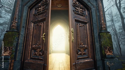 ornate carved wooden double door opening in forest video 