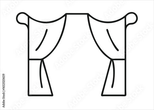 A single continuous line drawing of a draped fabric curtain with flowing folds and elegant pleats isolated on white background