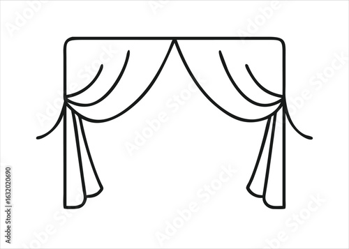 A minimalist continuous line art illustration depicting a draped fabric or curtain with elegant folds and flowing contours isolated on white background