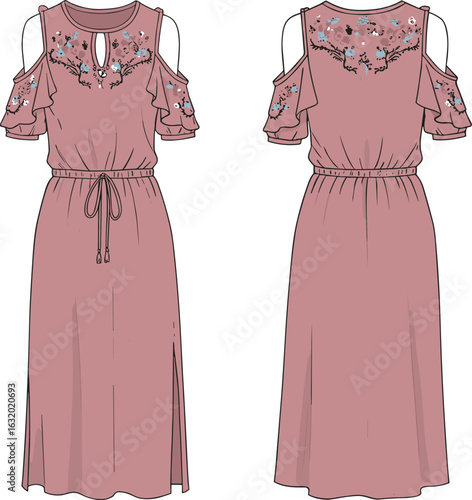 Cold shoulder midi dress with keyhole neckline, floral embroidery, short ruffle sleeves, waist tie, vector fashion sketch