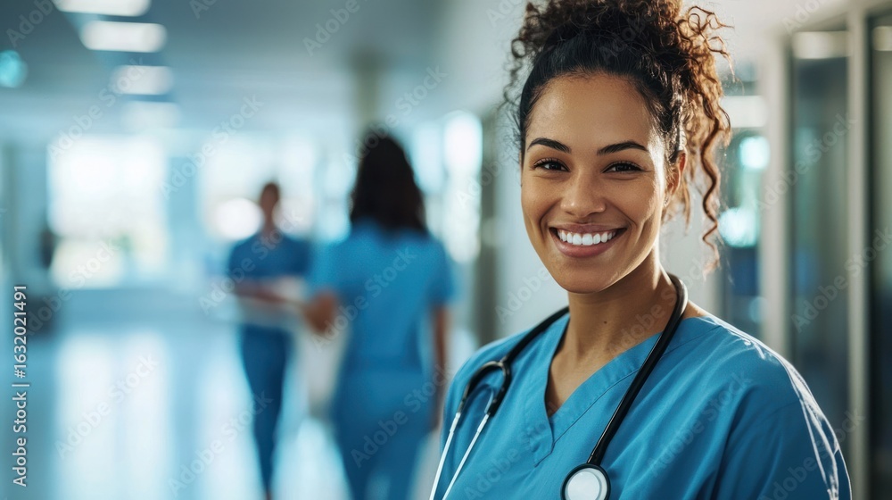 Fototapeta premium A young, female healthcare professional in a blue uniform with a stethoscope, standing in a hospital corridor.