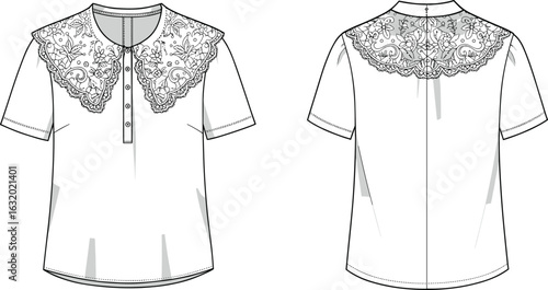 Short sleeve top with floral lace collar, front placket closure, decorative embroidery detail, elegant women blouse fashion vector sketch