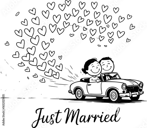 Just Married Car with Love Hearts: Capturing the essence of new beginnings, this art piece depicts a newlywed couple embarking on their journey of love in a vintage car.