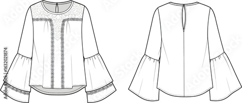 Long bell sleeve blouse, lace panel fashion sketch, round neck top, front and back cad drawing, boho chic shirt