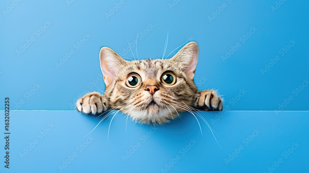 Obraz premium A Cat with a Shocked Expression, Front Paws Clutched Over Its Head, Set Against a Blue Background—Wide Eyes and Dramatic Stance Capture Pure Surprise in a Playful, Expressive Scene.
