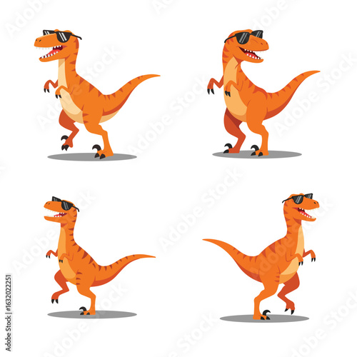 Flat vector of a dancing velociraptor with sunglasses, cute dino illustration