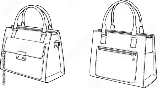 Stylish handbag CAD drawing, flat vector illustration, fashion accessory sketch, trendy bag design, detailed purse layout, Adobe Stock content
