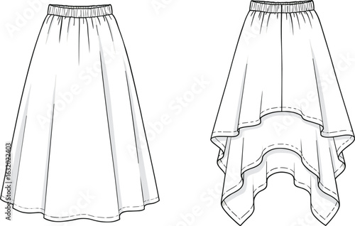 Asymmetrical skirt flat sketch, high low hemline, front and back view, elastic waist, fashion cad drawing, vector illustration