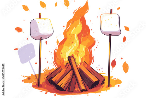 Cozy Campfire with Marshmallows and Autumn Leaves