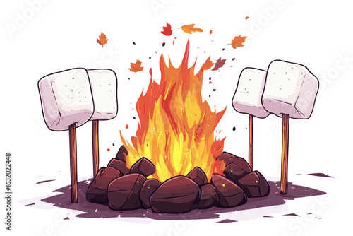 Cozy Campfire with Marshmallows and Autumn Leaves
