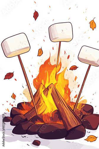 Cozy Campfire with Marshmallows and Autumn Leaves