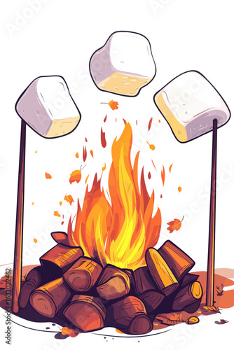Cozy Campfire with Marshmallows and Autumn Leaves