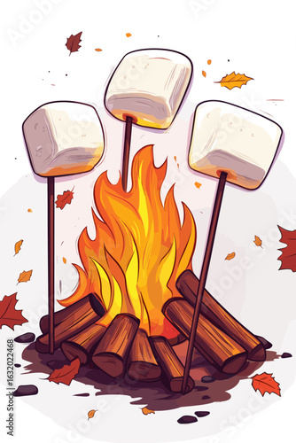 Cozy Campfire with Marshmallows and Autumn Leaves