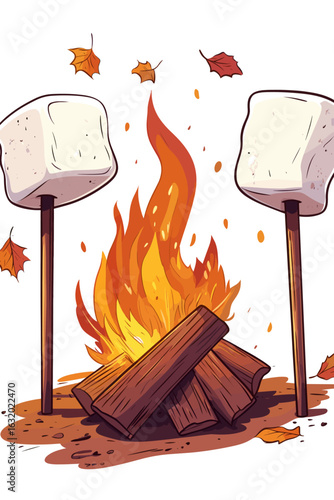 Cozy Campfire with Marshmallows and Autumn Leaves