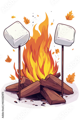 Cozy Campfire with Marshmallows and Autumn Leaves