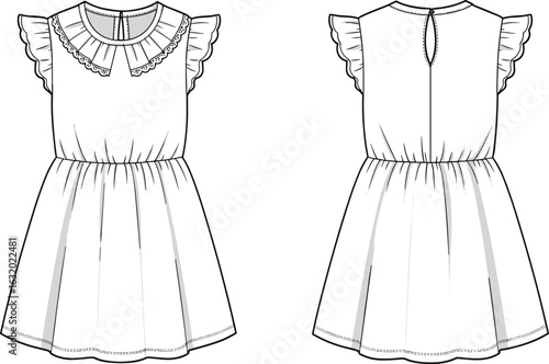 Girls ruffle sleeve dress sketch, pleated collar flat drawing, front and back view, elastic waist, fashion cad vector illustration